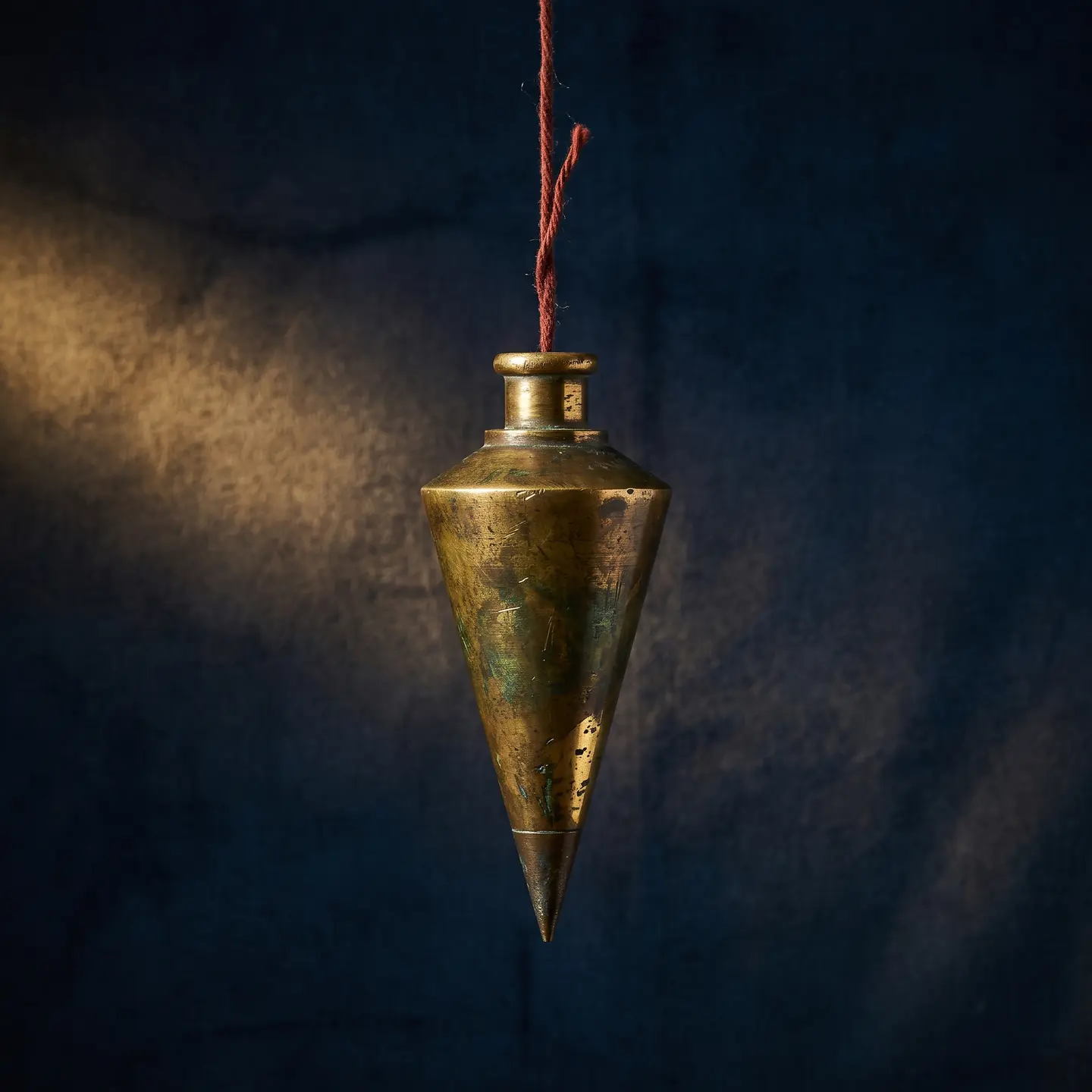 A worn brass plumb bob hanging still against deep navy — the yard's standard