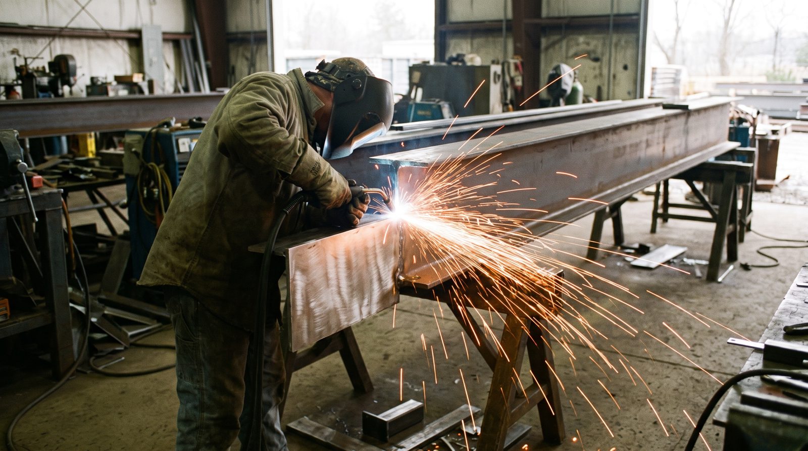 Ironworker welding a raw steel I-beam, sparks arcing through the shop