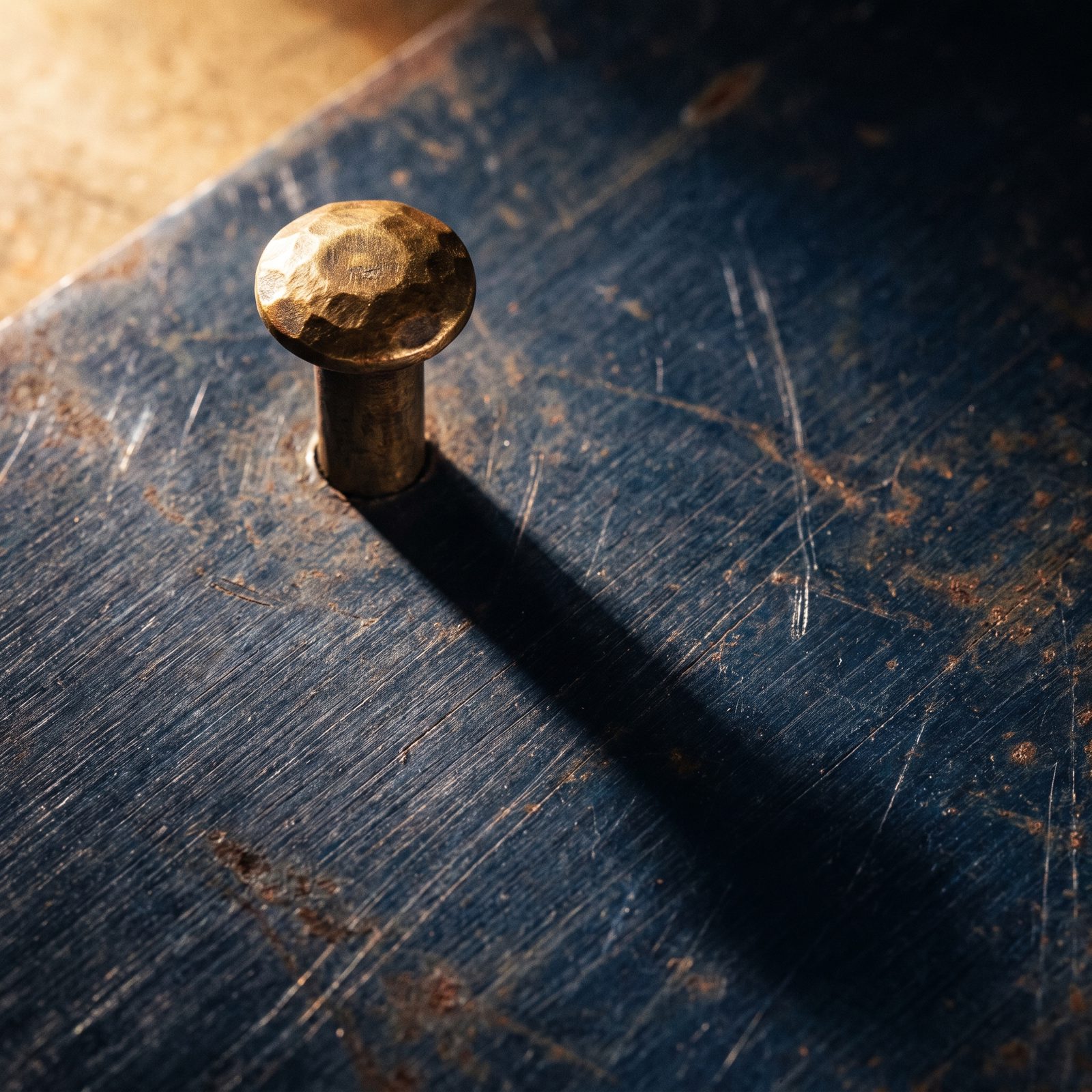 A hand-forged antique-brass rivet standing on weathered navy steel plate