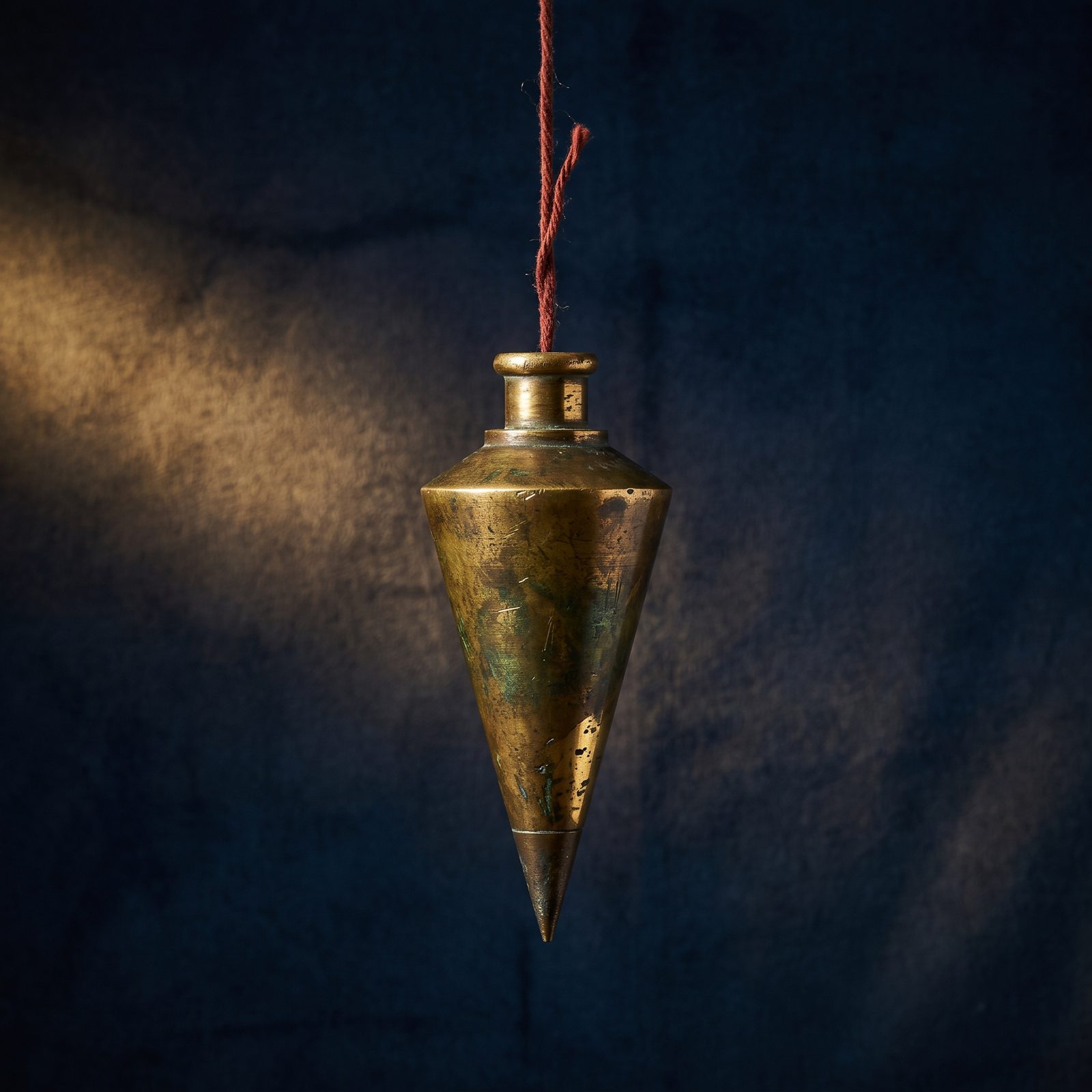 A worn brass plumb bob hanging still against deep navy — the yard's standard