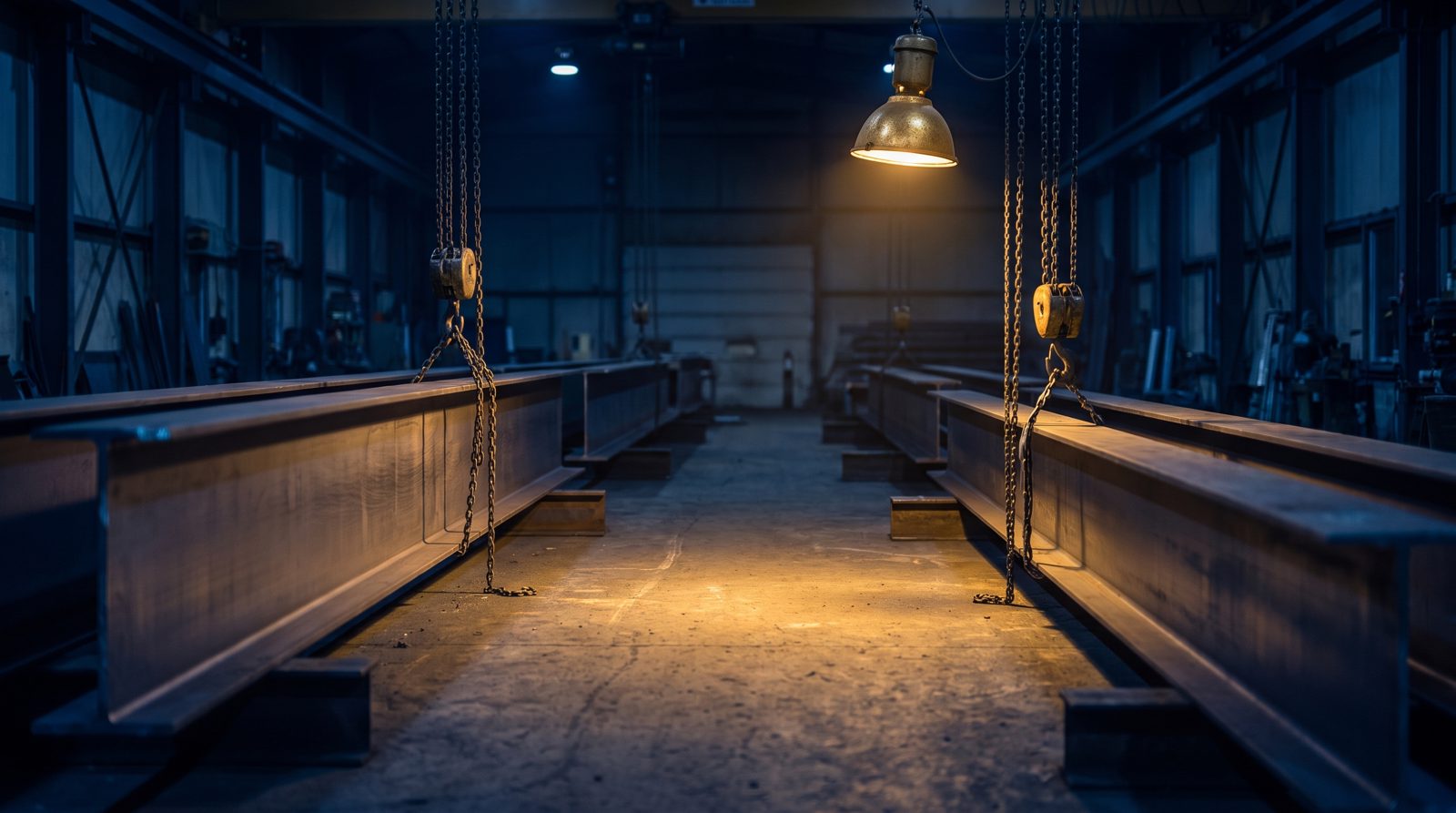Stacked girders and chain hoists inside the Ironhold fabrication shop at blue hour